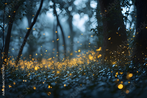 lights of fireflies beetles in the evening forest. fauna and flora in nature