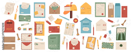 Isolated flat mail, letters and mailboxes set illustration, creative style handwritten letter with stamp and address, cartoon greeting postcard design, craft paper envelope and stationery collection.