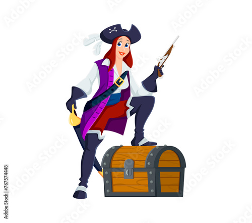 Cartoon woman pirate, armed with a saber and gun, valiantly defends her treasure trunk. Fierce sailor and skipper female character, boatswain, captain corsair or filibuster ready to protect her loot