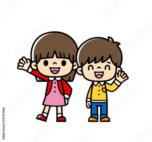 Clip art of boy and girl smiling and waving