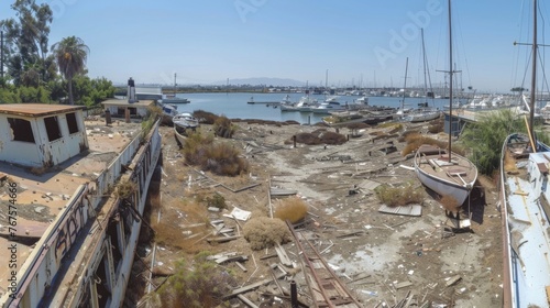A oncebustling marina now surrounded by dry docks and abandoned boats due to a lack of water.