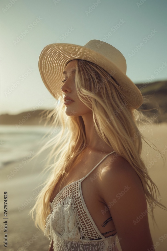 Woman Wearing Hat Standing on Beach