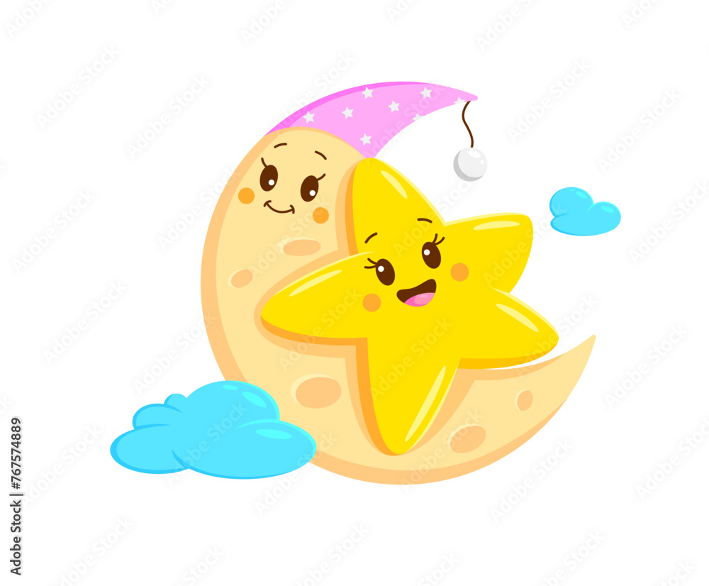 Cartoon kawaii star and moon character. Isolated vector cheerful
