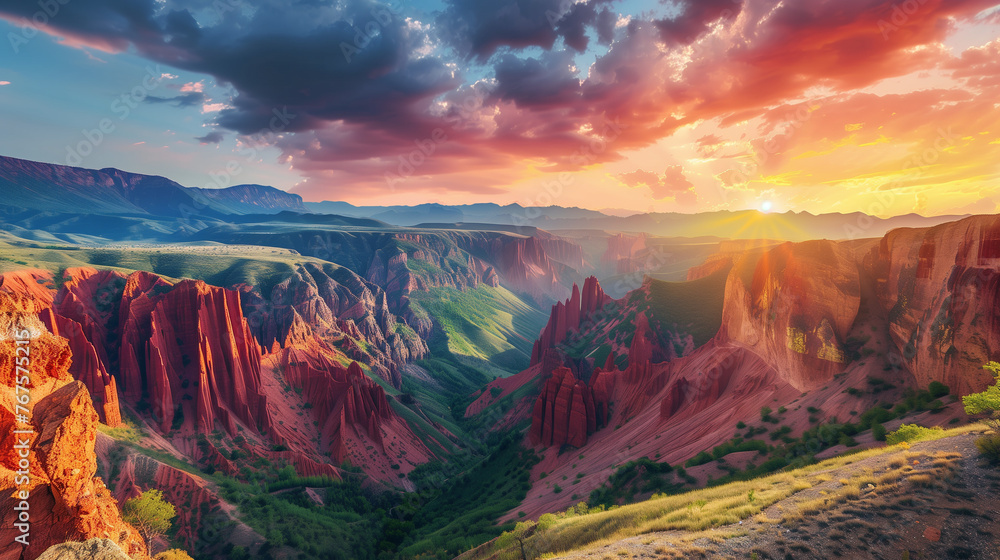 canyon view in summer. Colorful canyon landscape at sunset. nature scenery in the canyon. amazing nature background. summer landscape in nature.  canyon travel in the great valley