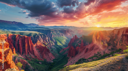 canyon view in summer. Colorful canyon landscape at sunset. nature scenery in the canyon. amazing nature background. summer landscape in nature. canyon travel in the great valley