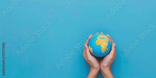 Two hands cradle a miniature Earth globe on vivid blue background top view copy space