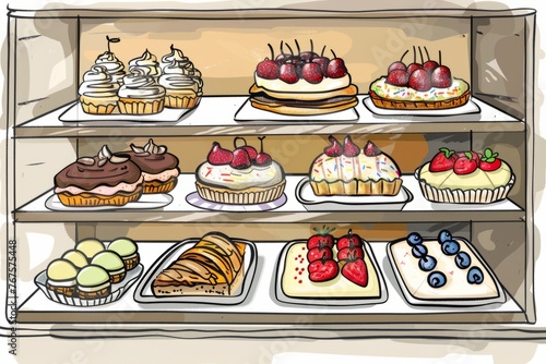 Cartoon cute doodles of a display case filled with e  clairs  tarts  and cream puffs  showcasing the pastry shop s delectable offerings  Generative AI
