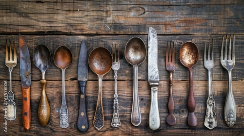 A collection of aged cutlery arranged neatly on a worn wooden background, viewed from the top. 