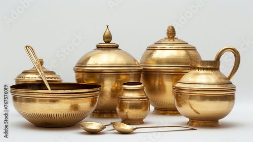 A collection of empty golden brass vessels, traditionally used as water pots for religious rituals during festivals, elegantly isolated against a clean white background