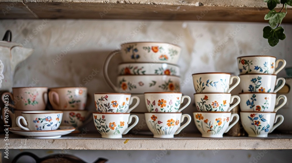 A kitchen shelf adorned with a set of hand-painted ceramic cappuccino cups, each one featuring delicate floral motifs, adding a touch of artisanal charm to morning rituals. A kitchen shelf adorned with a set of hand-painted ceramic cappuccino cups, each one featuring delicate floral motifs, adding a touch of artisanal charm to morning rituals.