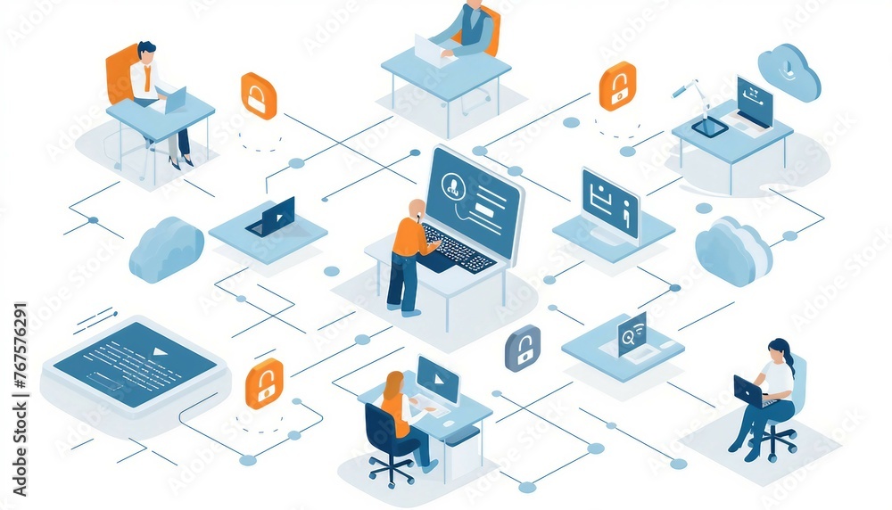 Unified Endpoint Management, unified endpoint management with an image depicting IT administrators remotely managing and securing endpoints such as laptops, AI Unified Endpoint Management, unified endpoint management with an image depicting IT administrators remotely managing and securing endpoints such as laptops, AI