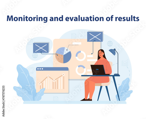 Results Evaluation Vector. A focused analyst conducting meticulous monitoring and evaluation of benchmarking outcomes.