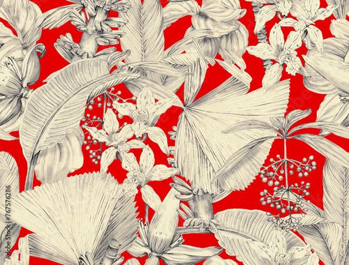 Seamless tropical pattern with exotic monochrome leaves and plants. Tropical wallpaper drawn in pencil