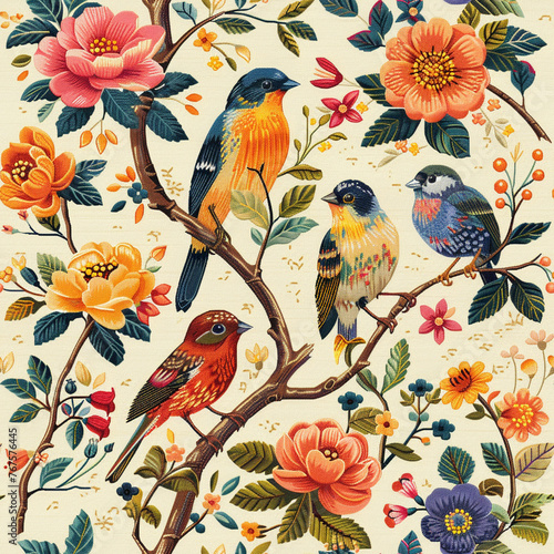 A seamless vintage inspired seamless pattern featuring detailed birds perched among colorful botanicals and fruit, ideal for decor and textiles. © feeling lucky