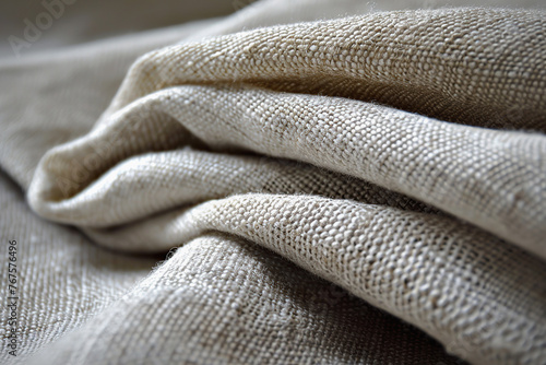 Textured linen fabric close up with natural beige tones