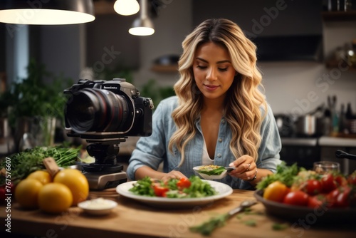beautiful female food vlogger is recording new video and explaining how to cook a dish in the kitchen