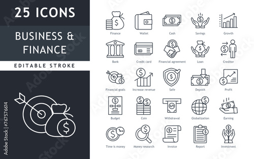 set of line icons related to business and finace, bank, loan, revenue, deposit, profit. Outline icon collection. vector illustration. editable stroke