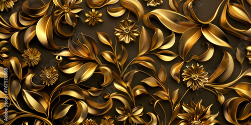 Seamless gold pattern with luxury floral ornament on the black background

