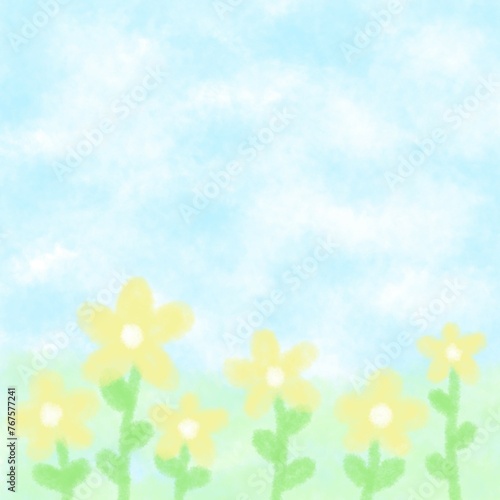 cloud sky and spring flowers water color paint background