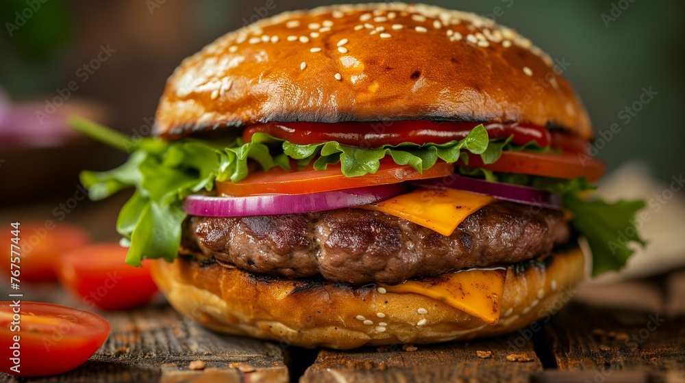 Delicious Hamburger With Lettuce, Tomato, and Cheese