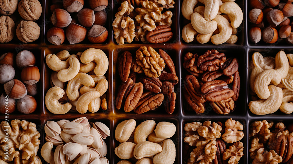 Variety of healthy nuts in small compartments. Top down view. Variety of healthy nuts in small compartments. Top down view.