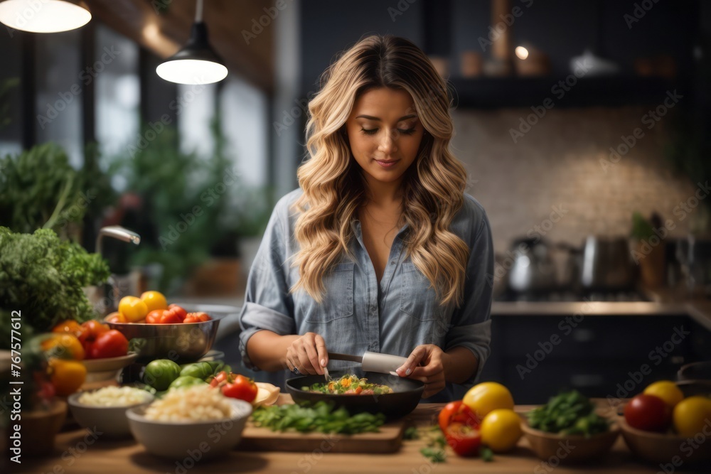 beautiful female food vlogger is recording new video and explaining how to cook a dish in the kitchen