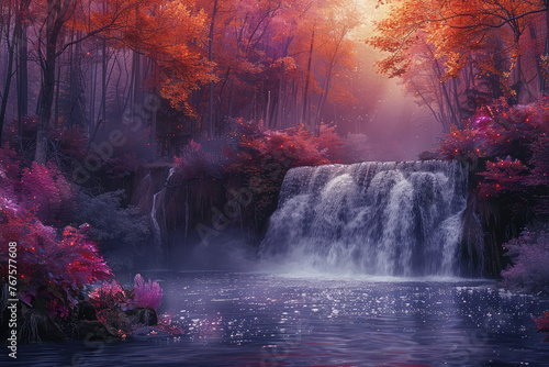 Waterfall in autumn, Beautiful landscape of forest. Created with Ai