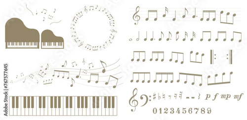 音符、休符、音楽記号のイラストセット　五線譜のフレームイラスト　ピアノ　鍵盤