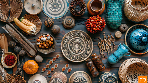 Cultural items from Philippines flat lay background.