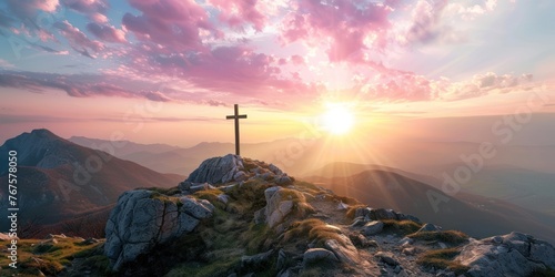 A Christian theme for Easter, with a cross on the mountain, morning atmosphere, with the sky and the mountains in morning light in the background. 