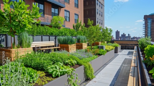 The rooftop of a multistory parking garage is transformed into a green haven with rows of potted plants a community herb garden and a peaceful sitting area providing a muchneeded photo