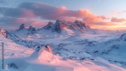 Sunset in the mountains, Winter mountain landscape. Created with Ai