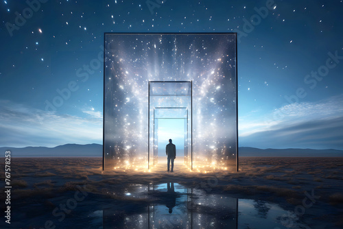 silhouette of a man in a doorway in nature. the concept of going through a portal to another world. fantasy of transformation of another dimension of the universe