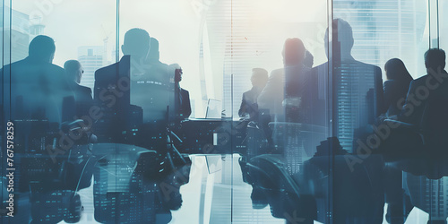 Double exposure: Business professionals in a meeting in front of a city office building, portraying a moment of collaboration. Emphasising teamwork, seriousness, and professionalism. photo