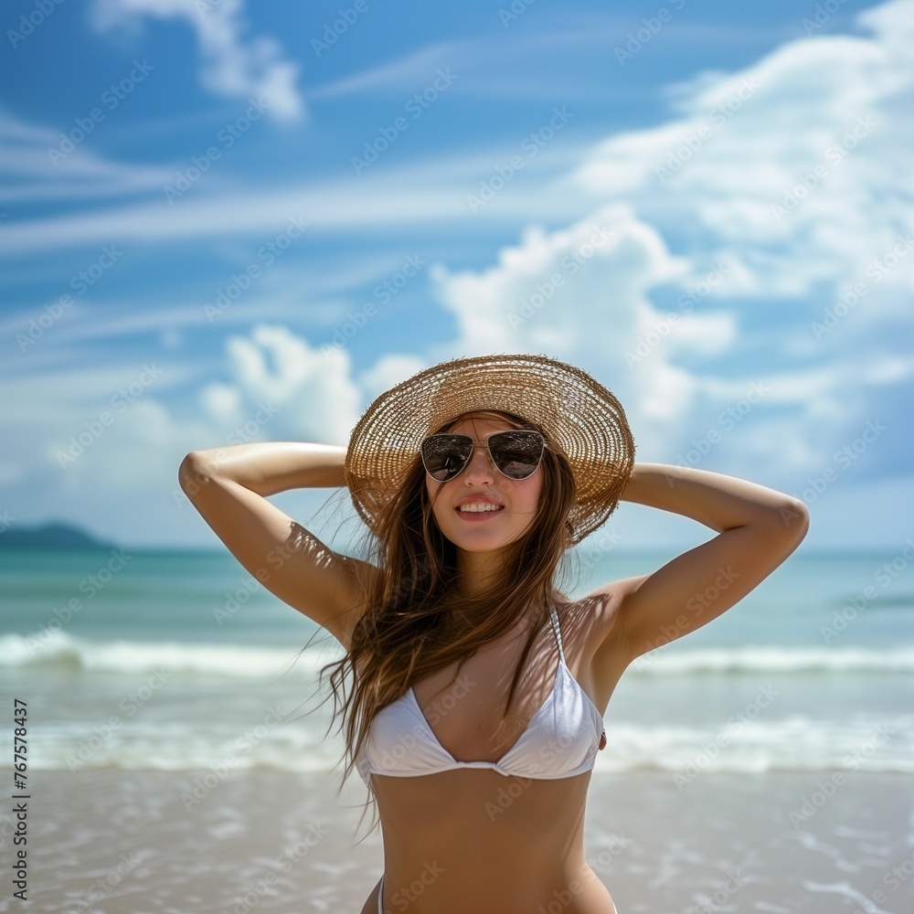Woman in Bikini and Hat on Beach