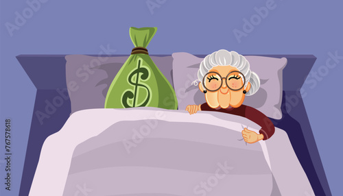 Senior Woman Sleeping with Retirement Money Bag Vector Cartoon. Rich elderly lady feeling financial secure and independent
