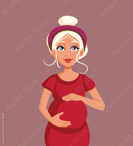 Happy Pregnant Woman Caressing her Belly vector Cartoon illustration. Cheerful mommy felling attached to the unborn baby
