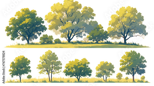 An array of tree species depicted set in landscape scenes, highlighting the beauty and tranquility of nature on white background.