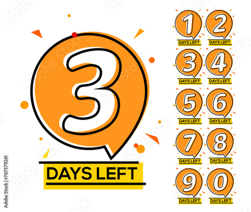 Countdown left days. One two three day left number, count time sale week banner
