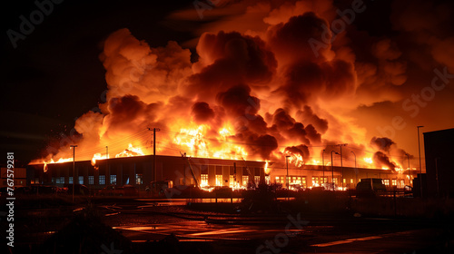Industrial warehouse complex ablaze burning fast at night.