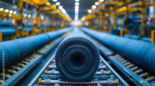 Rolls of carpet on a conveyor belt inside a manufacturing facility.