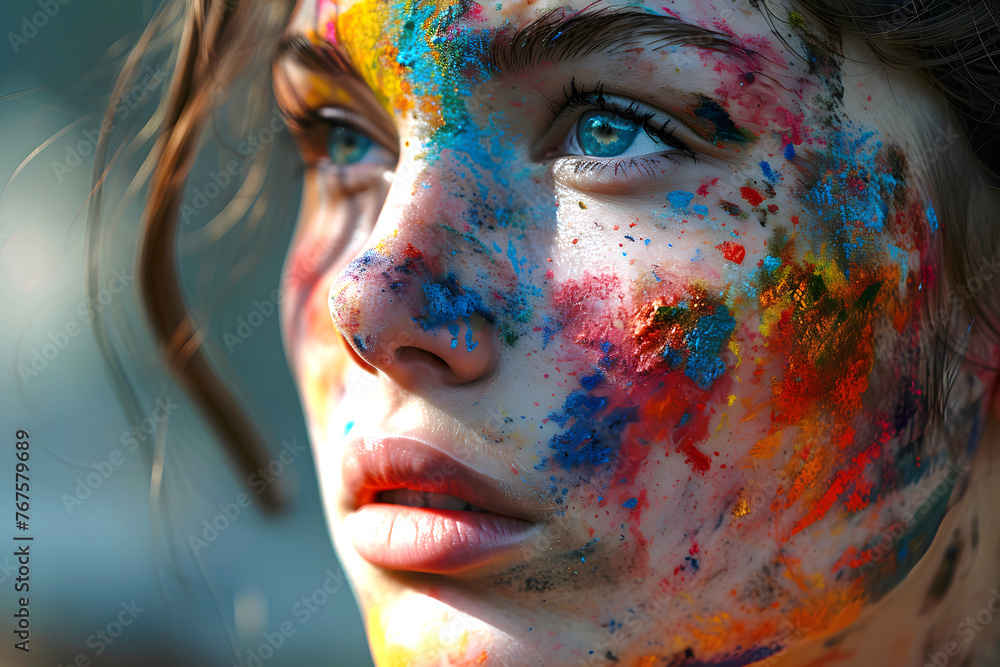 dry colored paint and makeup on the face of a beautiful model. fashionable beauty and glamor