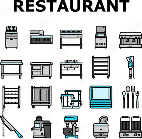 restaurant equipment kitchen cafe icons set vector. fryer commercial, professional industry, clean utensil, interior fridge, stainless restaurant equipment kitchen cafe color line illustrations