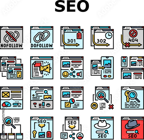 seo technical audit icons set vector. optimize market, rank search, improve marketing, dashboard report seo technical audit color line illustrations
