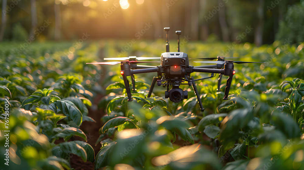 A high-tech drone with a camera flies over a lush farmland, capturing the golden light of the sunset on the healthy green crops A high-tech drone with a camera flies over a lush farmland, capturing the golden light of the sunset on the healthy green crops