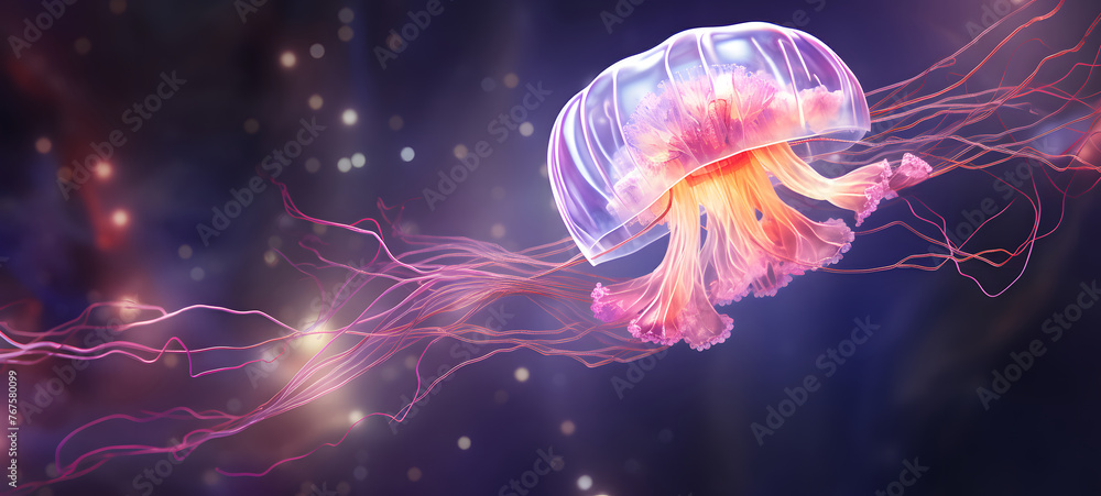 a jellyfish swimming in the clear sea beautiful coral reefs in under the sun, ai generative a jellyfish swimming in the clear sea beautiful coral reefs in under the sun, ai generative