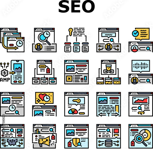 seo improve top website icons set vector. optimization social, analytics strategy, local service, analysis media, engine seo improve top website color line illustrations