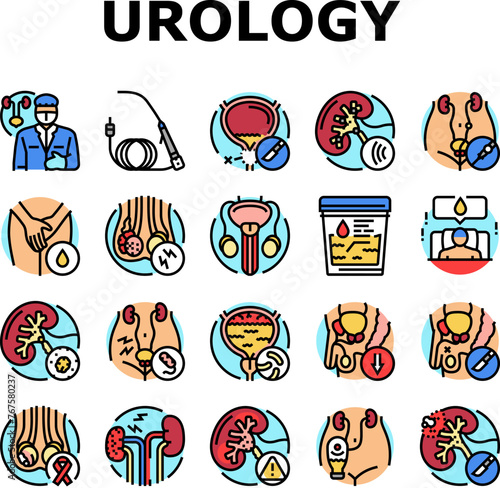 urology prostate urinary kidney icons set vector. bladder human, men cancer, urologist renal, tract stone, cystitis doctor, nephrology urology prostate urinary kidney color line illustrations