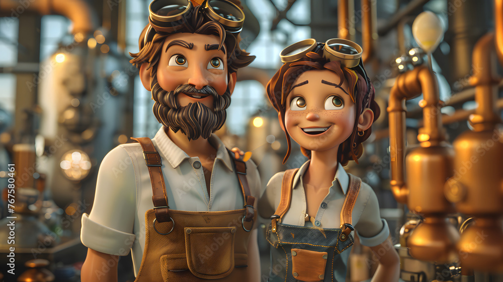 Two animated characters, an older man and a young girl, dressed as inventors in a steampunk-style workshop full of brass pipes and gauges - obrazy, fototapety, plakaty 