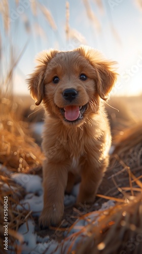 A playful puppy, its tail wagging with joy, innocence radiating against the pristine backdrop.